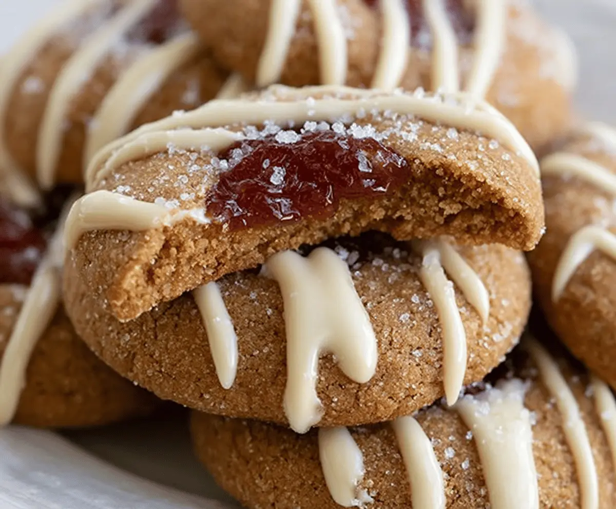 Delicious gingerbread thumbprint cookies with jam filling, perfect for holiday treats.