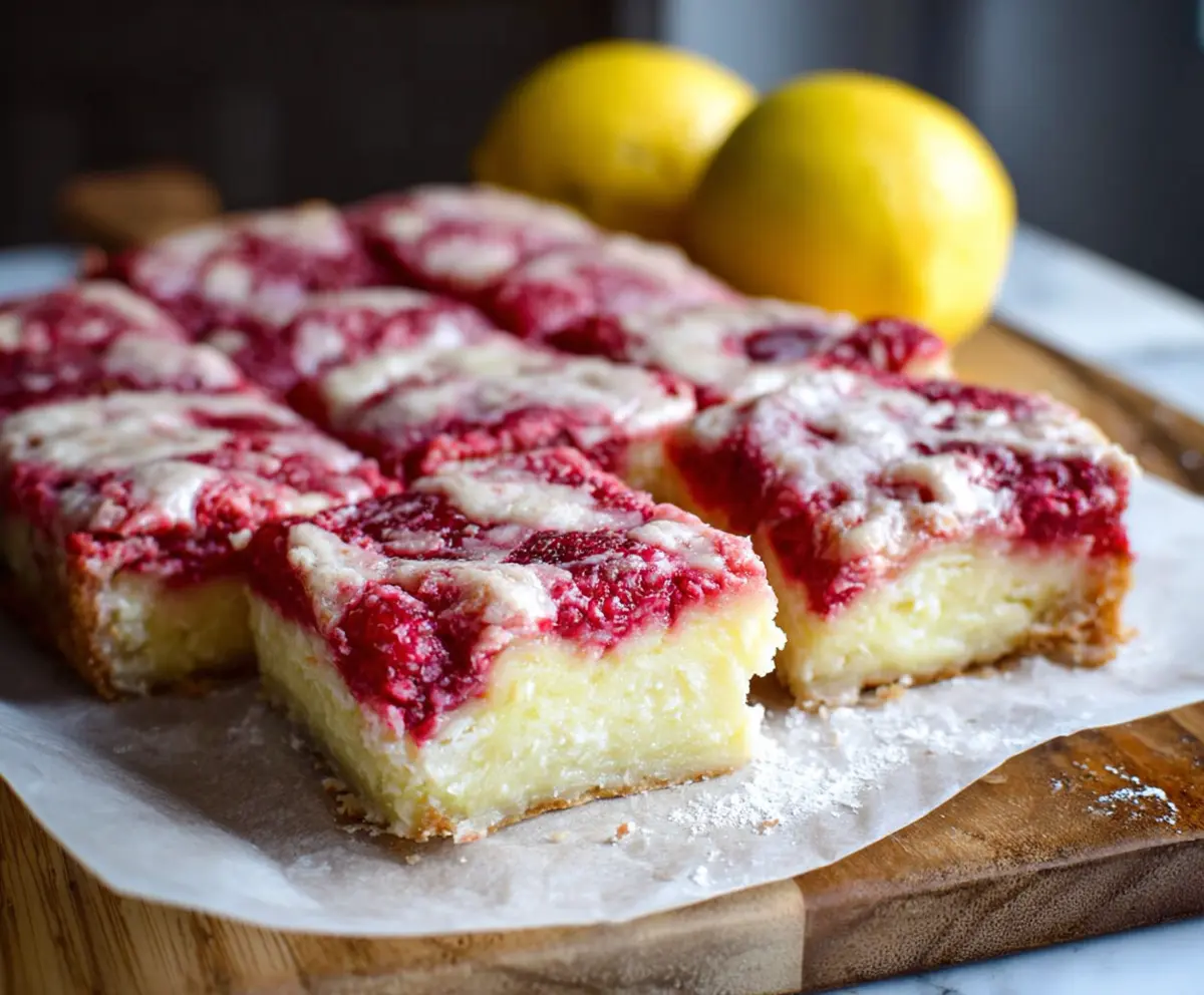 Delicious gluten-free raspberry lemon bar garnished with fresh raspberries and lemon zest.