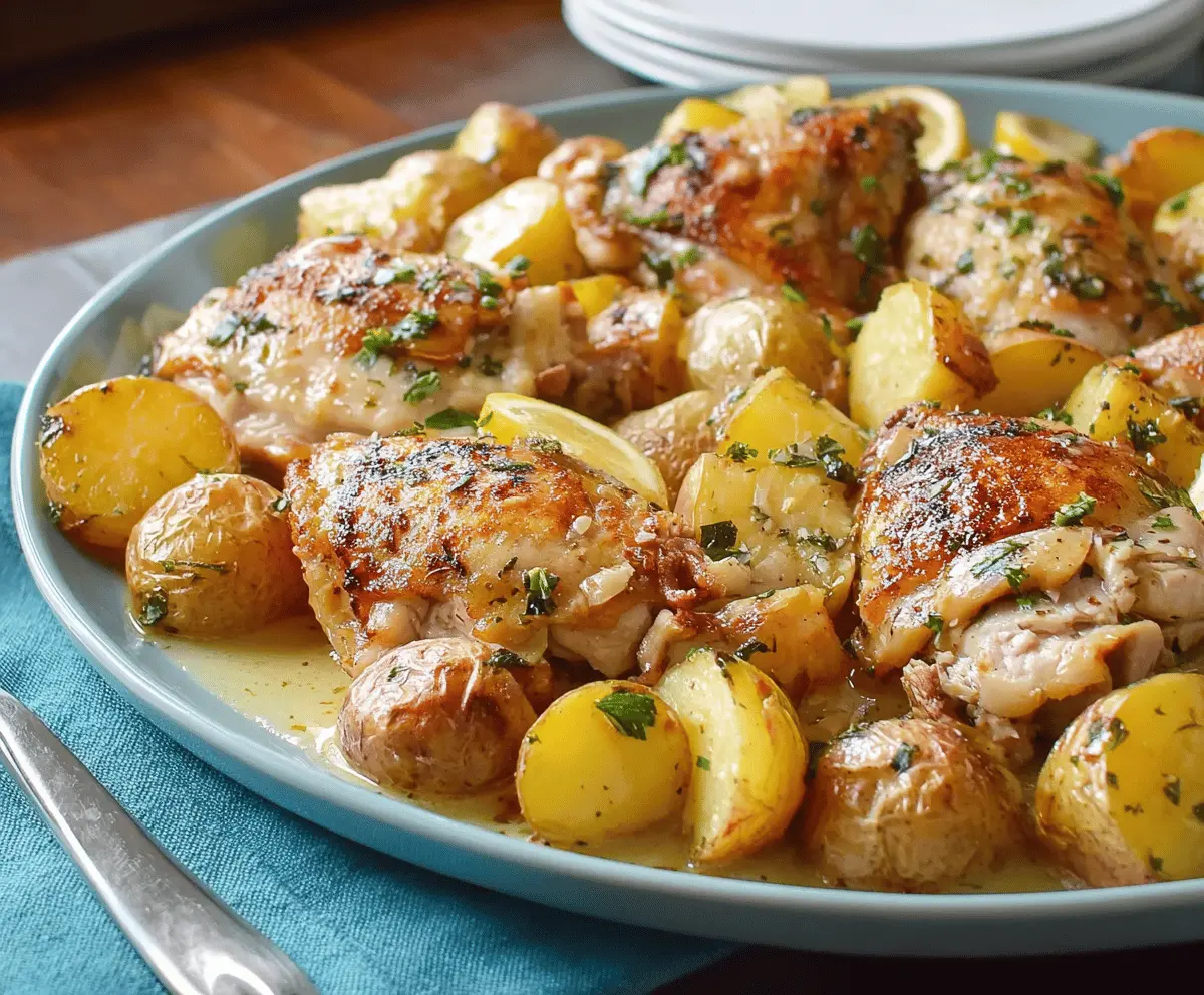 Delicious Greek Lemon Chicken with roasted potatoes and herbs, served on a white plate.