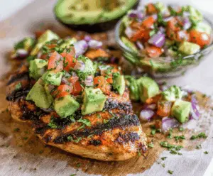 Delicious grilled avocado chicken served on a plate, garnished with fresh herbs.