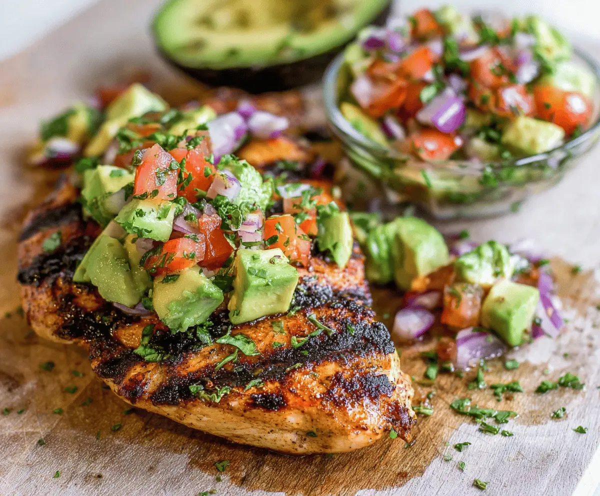 Delicious grilled avocado chicken served on a plate, garnished with fresh herbs.