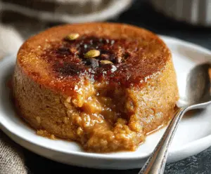 Delicious homemade Indian pudding served in a rustic bowl, showcasing rich caramel colors and creamy texture.