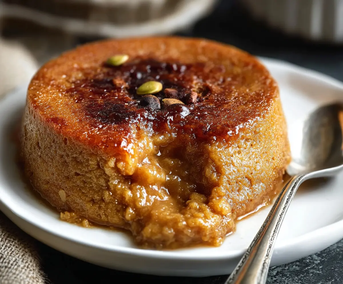 Delicious homemade Indian pudding served in a rustic bowl, showcasing rich caramel colors and creamy texture.