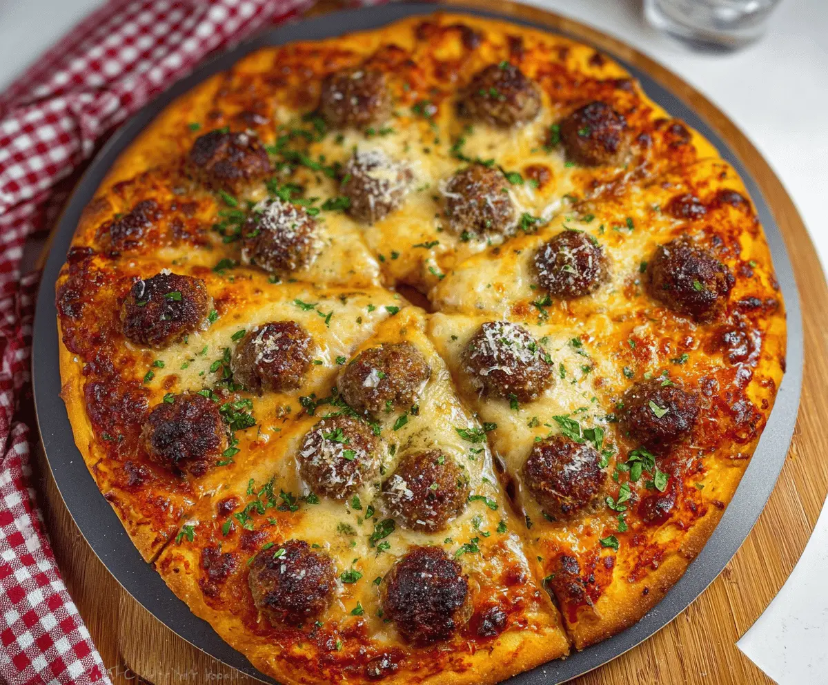 Delicious homemade meatball pizza topped with melted cheese and fresh herbs.