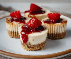 Delicious mini vegan baked cheesecakes garnished with fresh berries on a white plate.