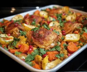 Delicious Moroccan chicken thigh sheet pan dinner with vibrant spices and roasted vegetables.