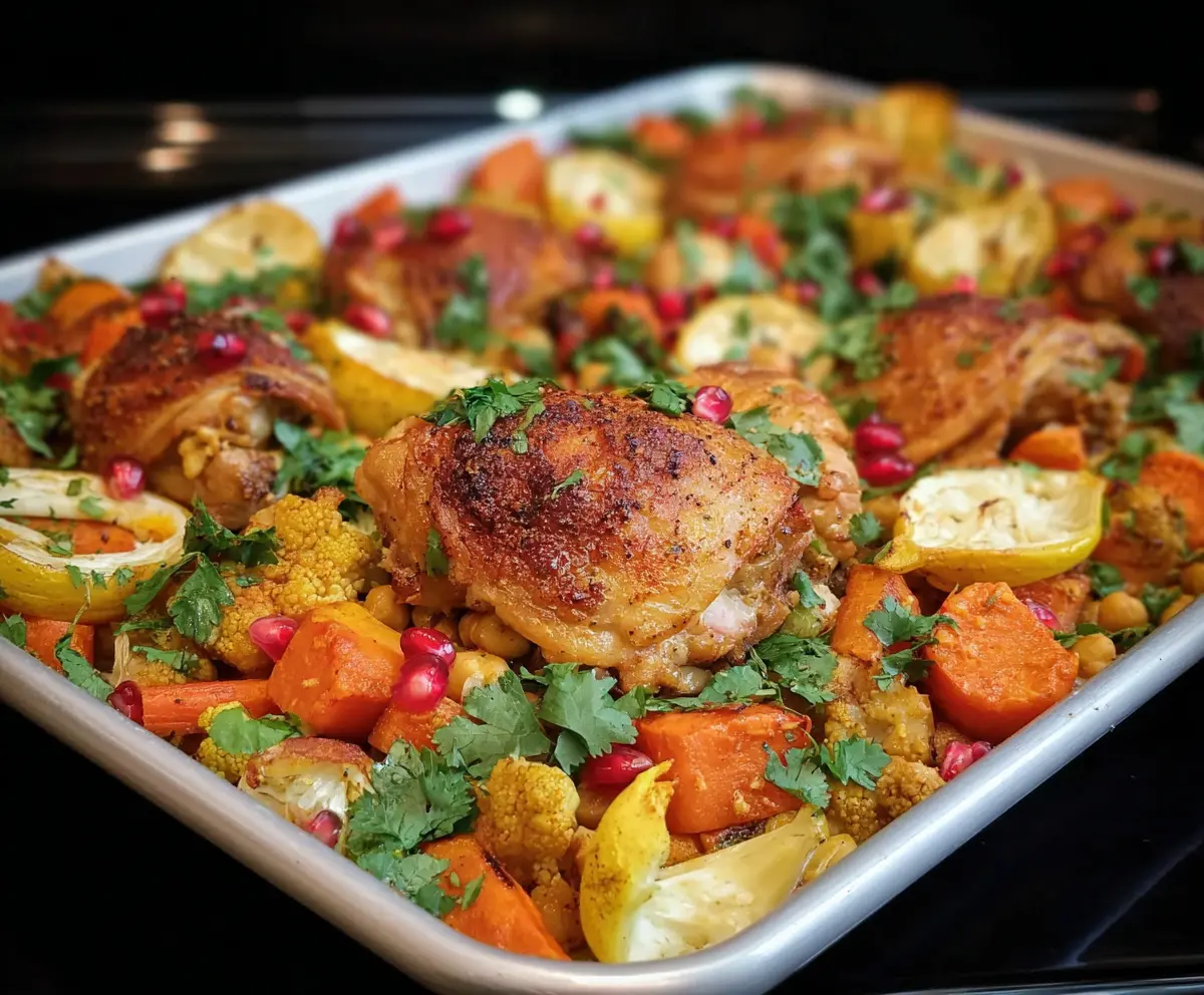 Delicious Moroccan chicken thigh sheet pan dinner with vibrant spices and roasted vegetables.