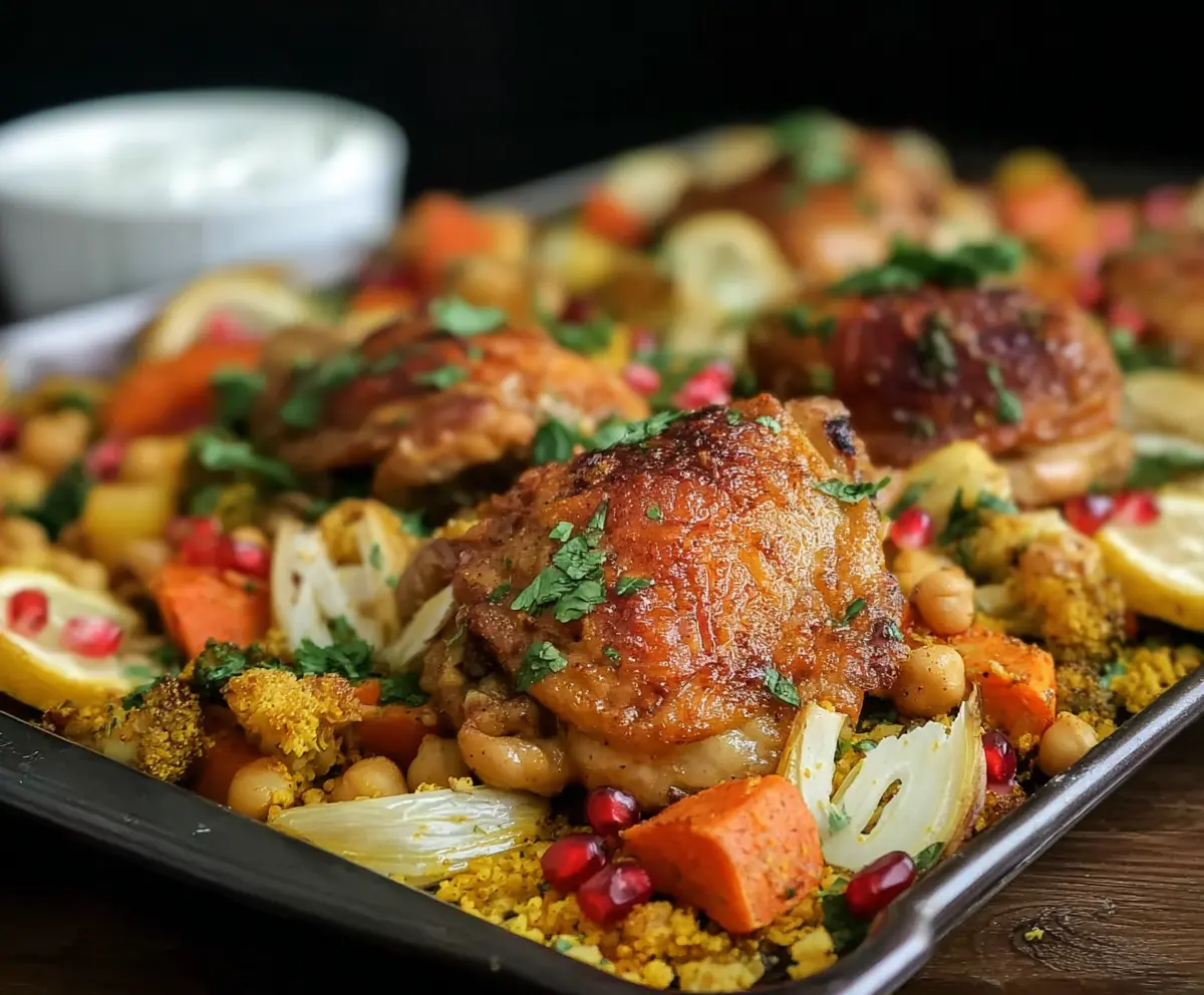 Juicy Moroccan chicken thighs roasted on a sheet pan with spices, vegetables, and herbs.