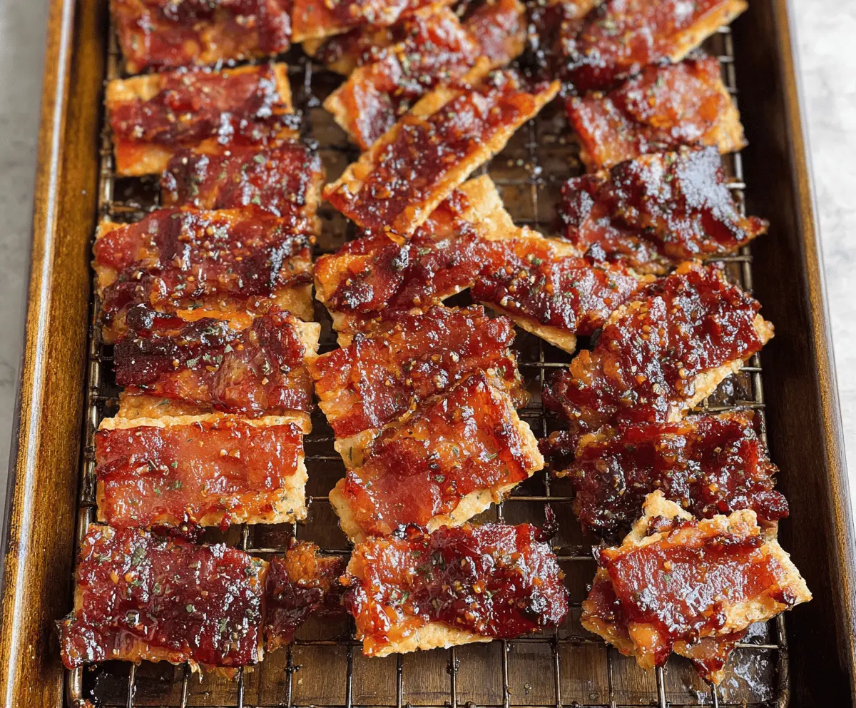 Delicious Parmesan Candied Bacon Crackers topped with melted cheese and crispy bacon bits