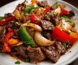 Delicious pepper steak with colorful bell peppers and sautéed onions on a plate