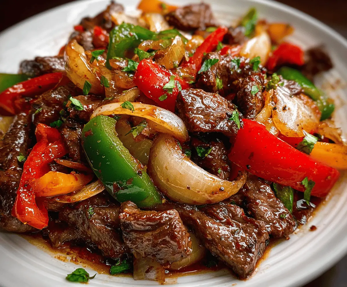 Delicious pepper steak with colorful bell peppers and sautéed onions on a plate