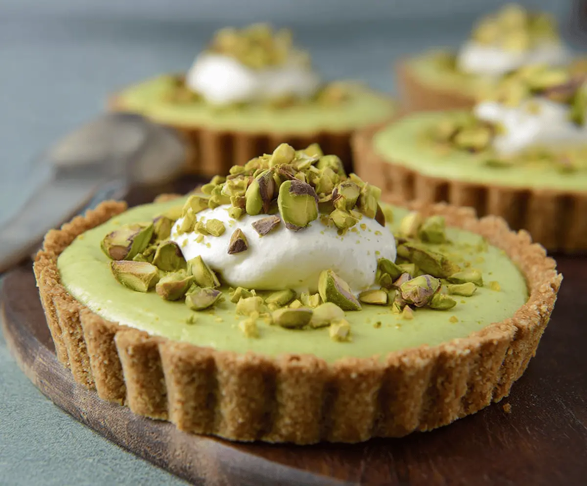 Delicious Pistachio Pudding Tart with a crunchy crust and creamy green pistachio filling