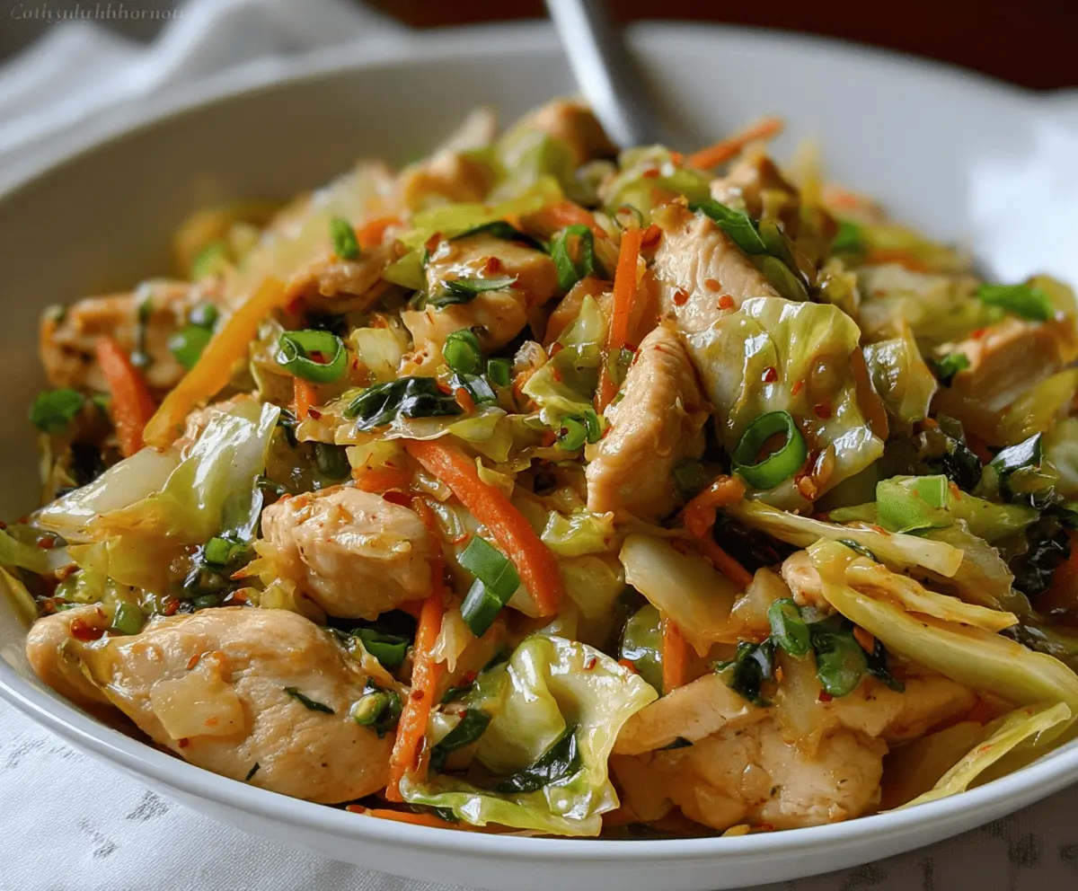 Delicious quick chicken and cabbage stir-fry in a colorful skillet, perfect for a healthy meal.