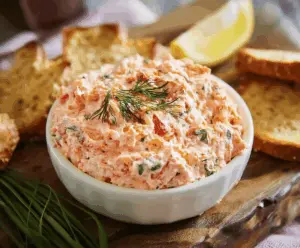 Creamy salmon spread with fresh herbs served on a cracker, perfect for appetizers.
