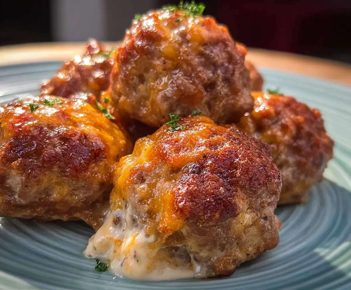Delicious sausage balls with melted cream cheese on a serving platter, perfect for appetizers.