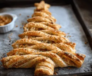 Delicious savory puff pastry cut into a festive Christmas tree shape, perfect for holiday appetizers.