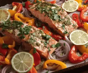 Delicious sheet pan salmon dinner with colorful bell peppers and fresh herbs