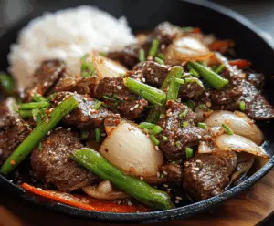 Delicious sizzling Chinese pepper steak with onions served on a plate.