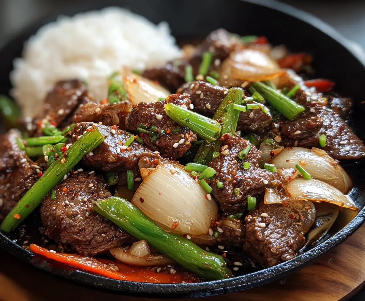 Delicious sizzling Chinese pepper steak with onions served on a plate.