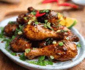 Tender Asian-style chicken drumsticks cooked in a slow cooker, garnished with green onions and sesame seeds.
