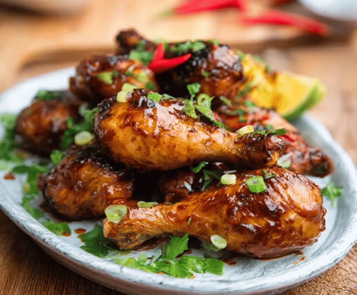 Tender Asian-style chicken drumsticks cooked in a slow cooker, garnished with green onions and sesame seeds.