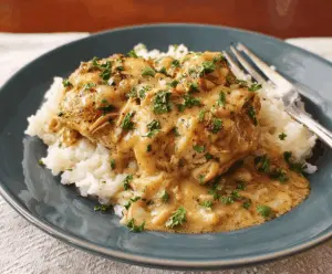 Delicious slow cooker chicken topped with rich gravy on a plate with fresh vegetables