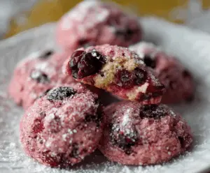 Delicious sparkling sugarplum cranberry cookies garnished with fresh cranberries and a sugar glaze.