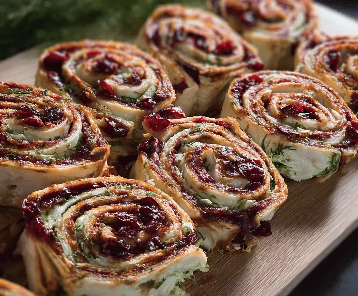 Delicious spicy turkey and cranberry pinwheels garnished with fresh herbs on a serving plate.
