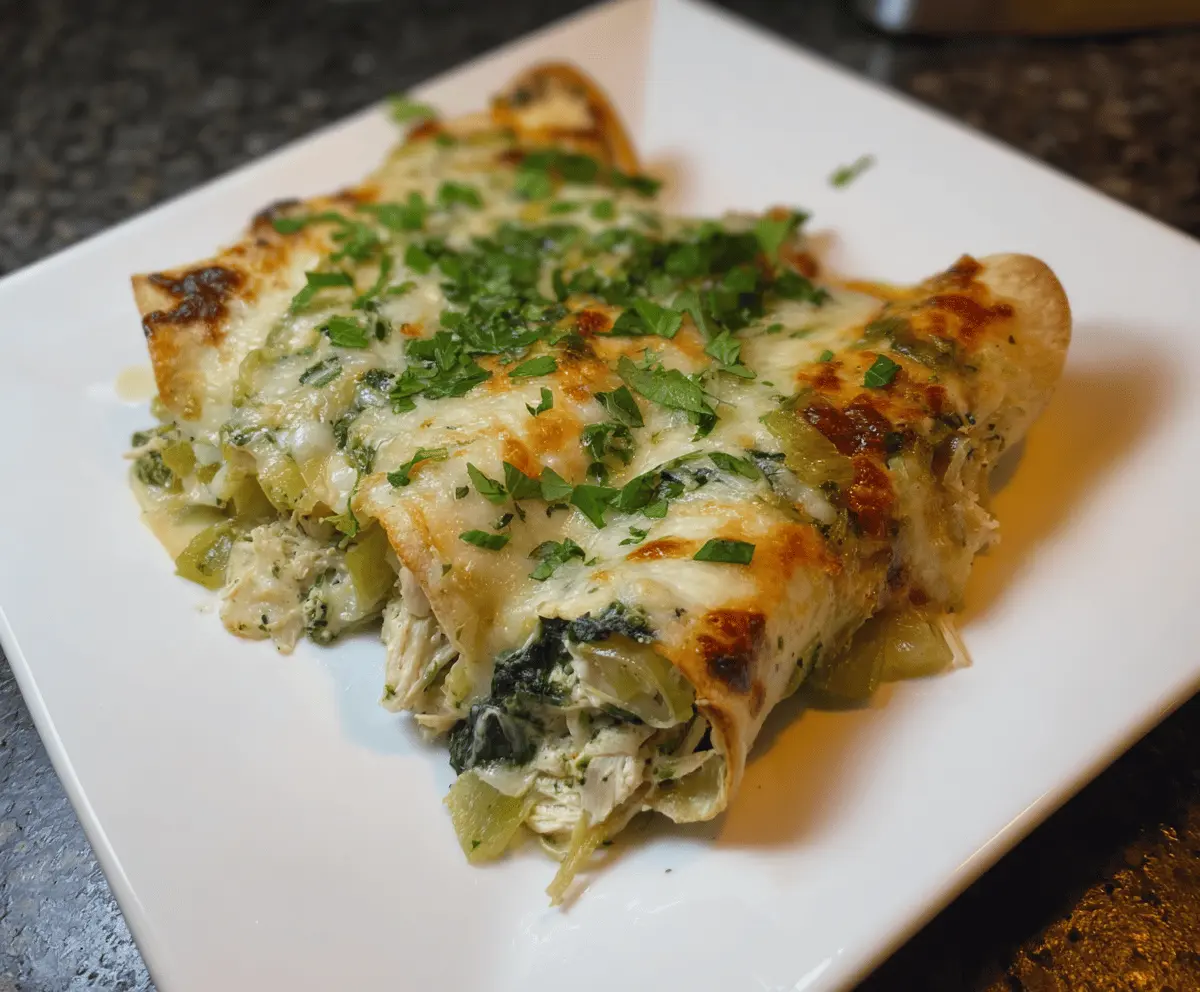 Delicious spinach and artichoke chicken enchiladas served on a plate with melted cheese and fresh herbs.