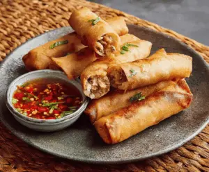 Crispy Filipino Lumpia filled with savory vegetables and meat, served on a plate.