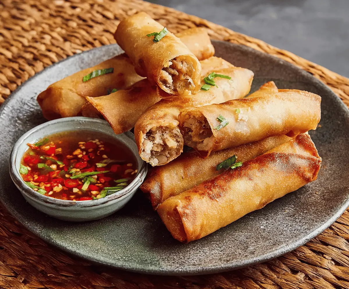 Crispy Filipino Lumpia filled with savory vegetables and meat, served on a plate.
