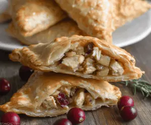Golden-brown turkey and stuffing turnovers on a serving plate, perfect for holiday appetizers.