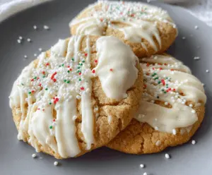 Delicious white chocolate covered eggnog cookies on a festive platter perfect for holiday treats.