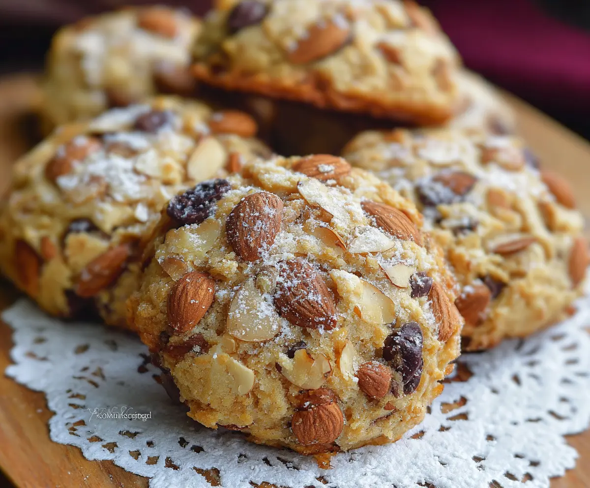 Delicious homemade almond chocolate chip cookies fresh out of the oven.