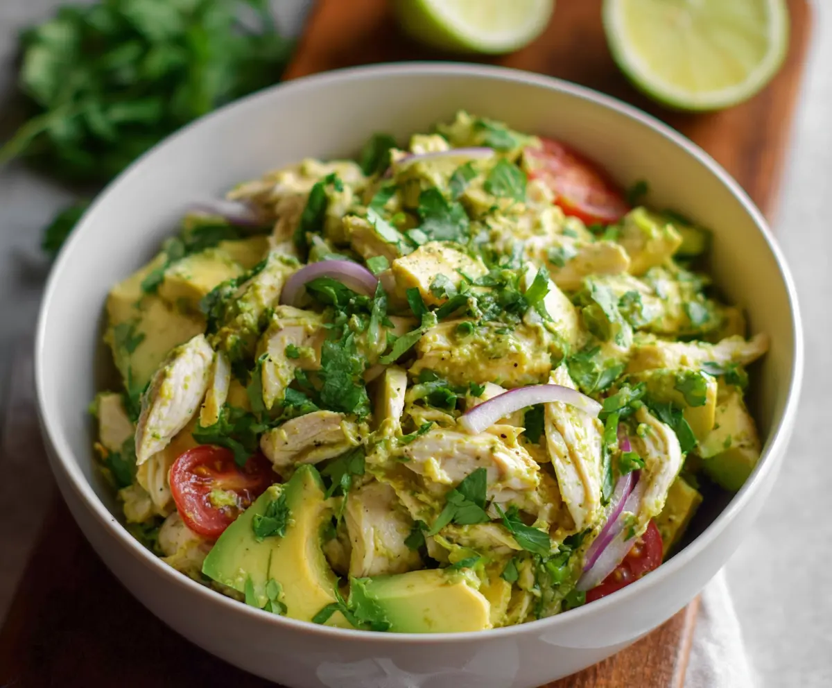 Fresh avocado and grilled chicken salad with colorful vegetables, high protein, no mayonnaise, healthy meal option.