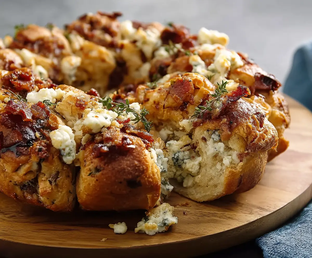 Delicious Bacon Gorgonzola Pull Aparts fresh out of the oven with crispy bacon and melting blue cheese topping.