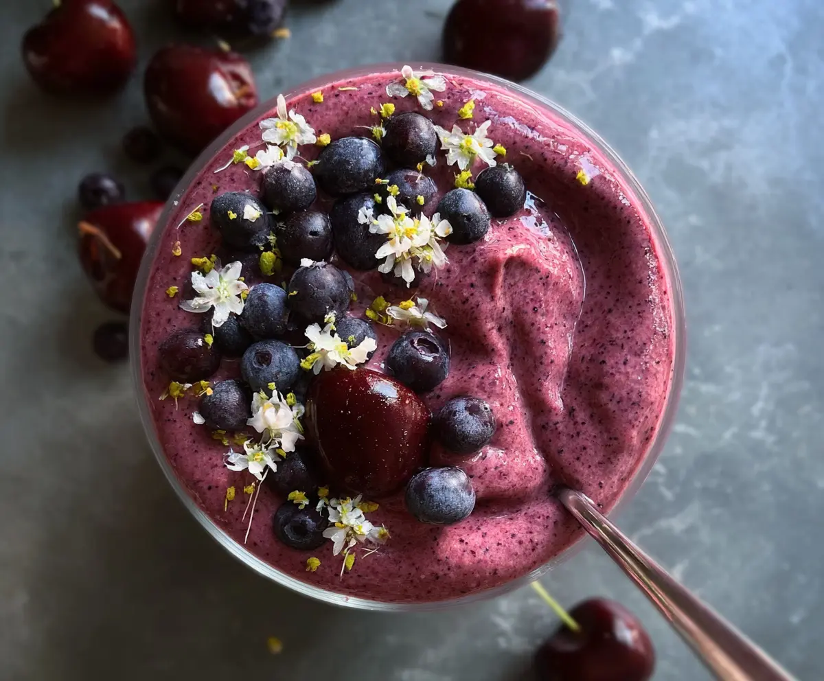 Refreshing blueberry cherry smoothie in a glass with fresh berries and a straw