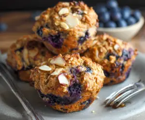 Fresh Blueberry Pear Ginger Oatmeal Muffins with a golden crust on a rustic wooden table