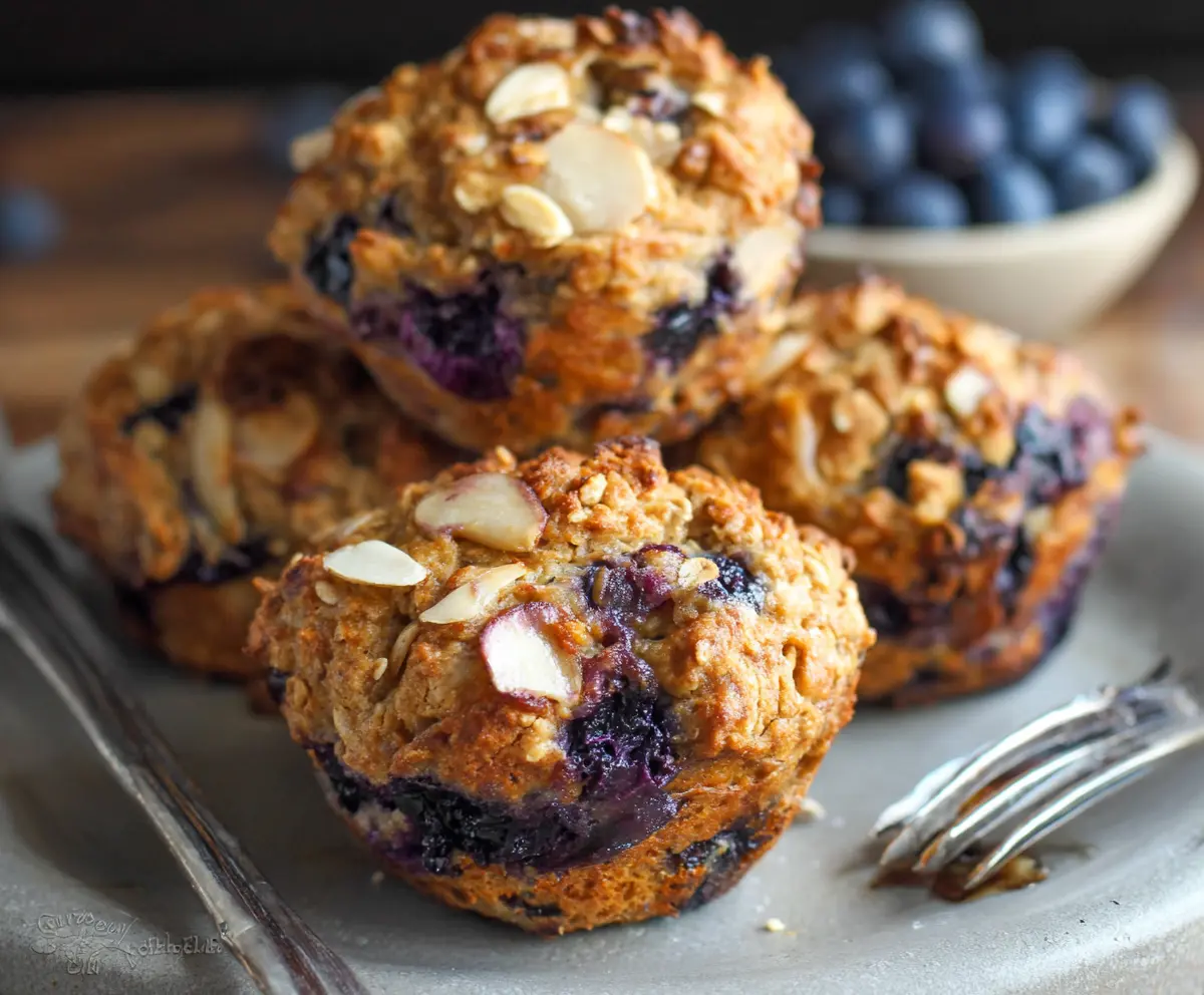 Fresh Blueberry Pear Ginger Oatmeal Muffins with a golden crust on a rustic wooden table