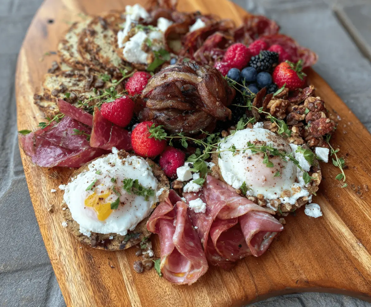 Delicious brunch charcuterie featuring protein-packed pan-tinis with assorted meats and cheeses.