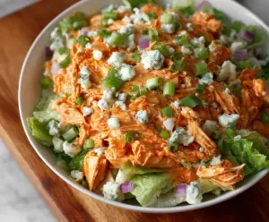 Creamy Buffalo Chicken Salad featuring shredded chicken, celery, and spicy buffalo sauce served in a bowl.