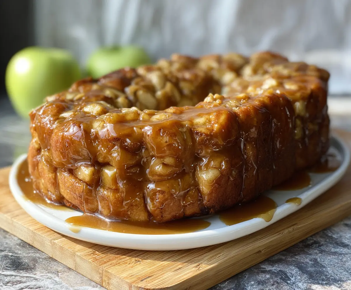 Delicious Dairy-Free Caramel Apple Monkey Bread topped with caramel sauce and fresh apple slices.