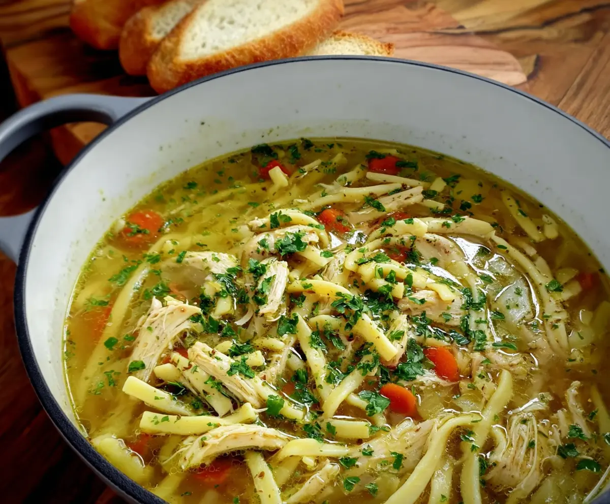 Warm and comforting chicken noodle soup in a bowl, topped with fresh herbs for a delicious meal.