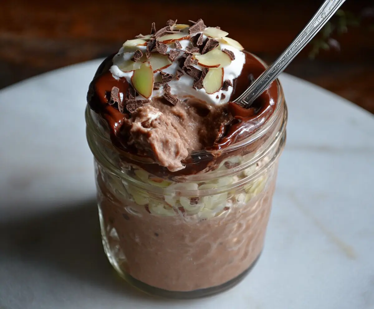 Delicious chocolate almond parfait layered with creamy yogurt and crunchy almonds, perfect for dessert.
