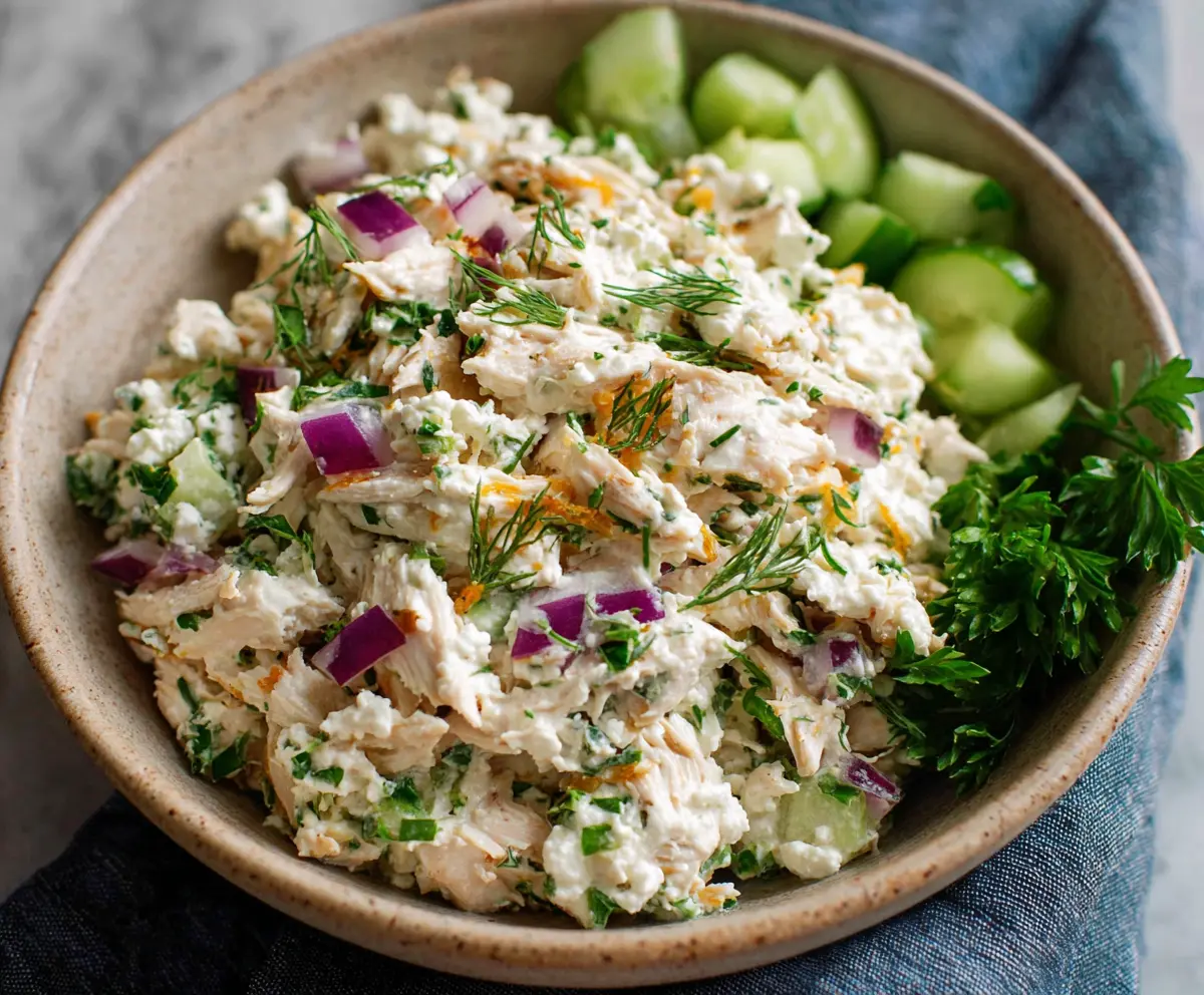 Healthy Cottage Cheese Chicken Salad with fresh vegetables and herbs, perfect for a light lunch.