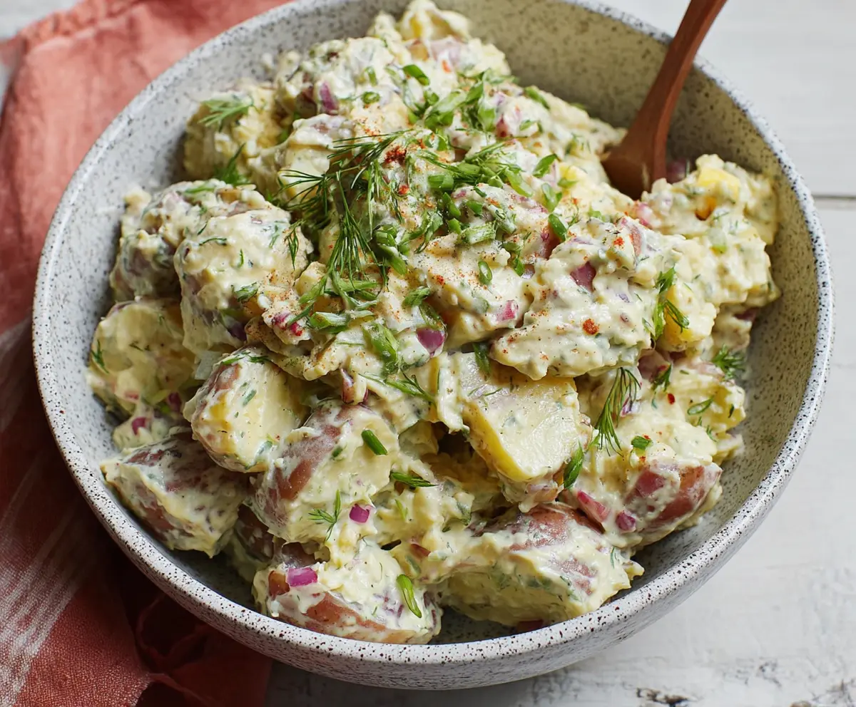 Creamy Whole30 Potato Salad with fresh herbs and a creamy dressing, perfect for a healthy side dish.