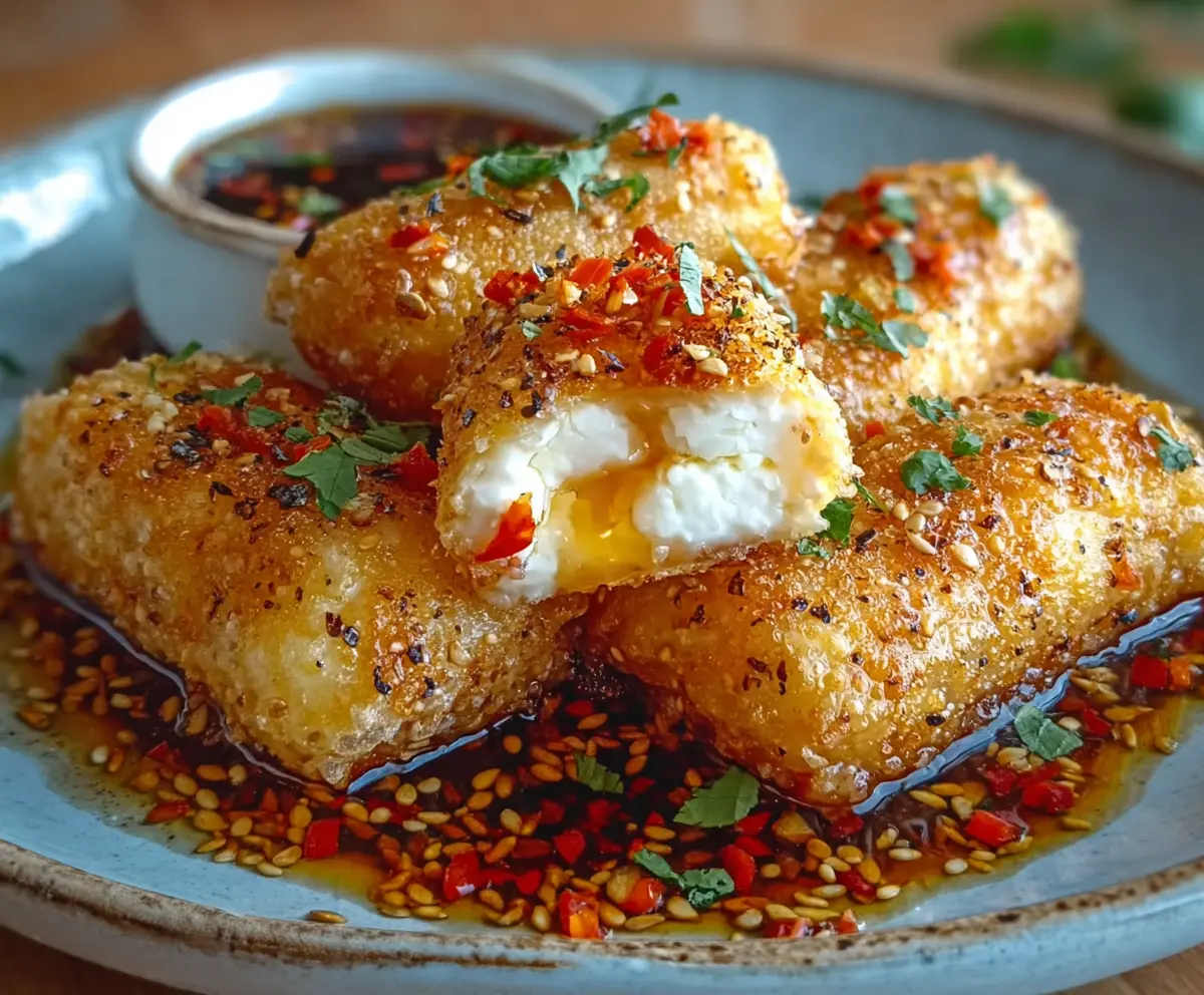 Crispy Oven Fried Feta Rolls with Chili Honey