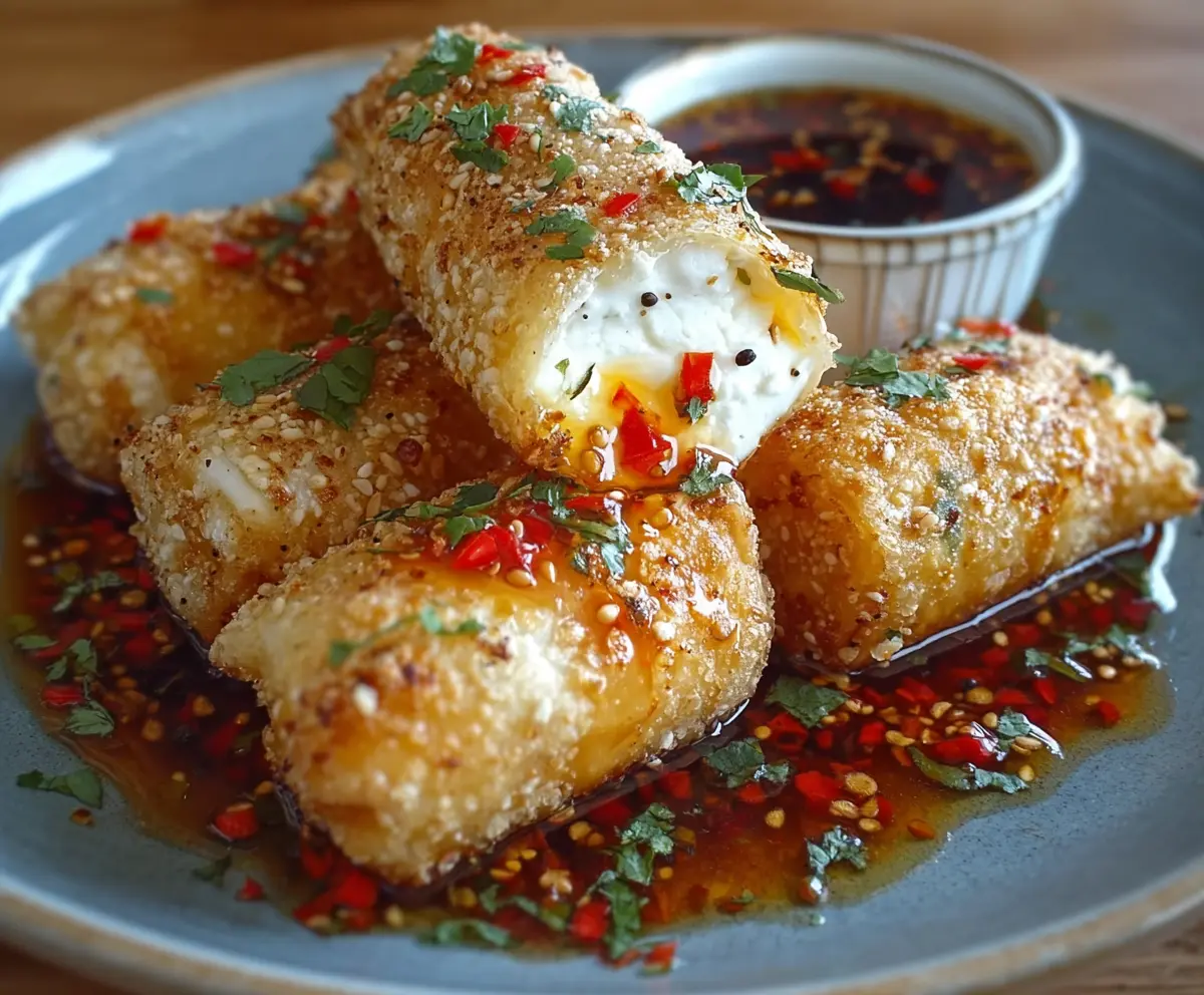 Delicious crispy oven-fried feta rolls drizzled with chili honey, perfect for appetizer or party snack.