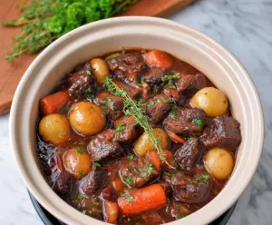 delicious Crockpot Beef Bourguignon served in a rustic bowl with fresh herbs