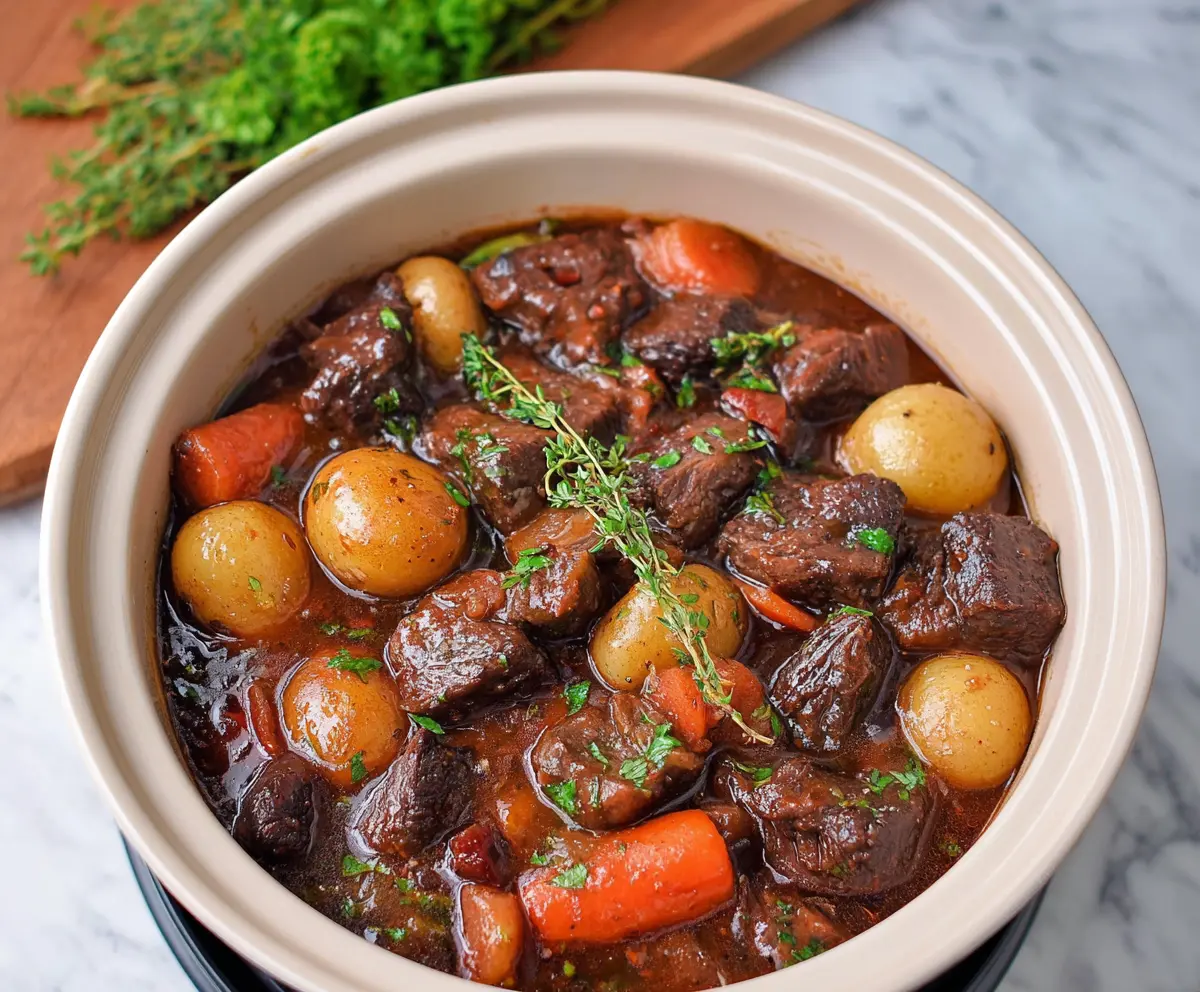 delicious Crockpot Beef Bourguignon served in a rustic bowl with fresh herbs
